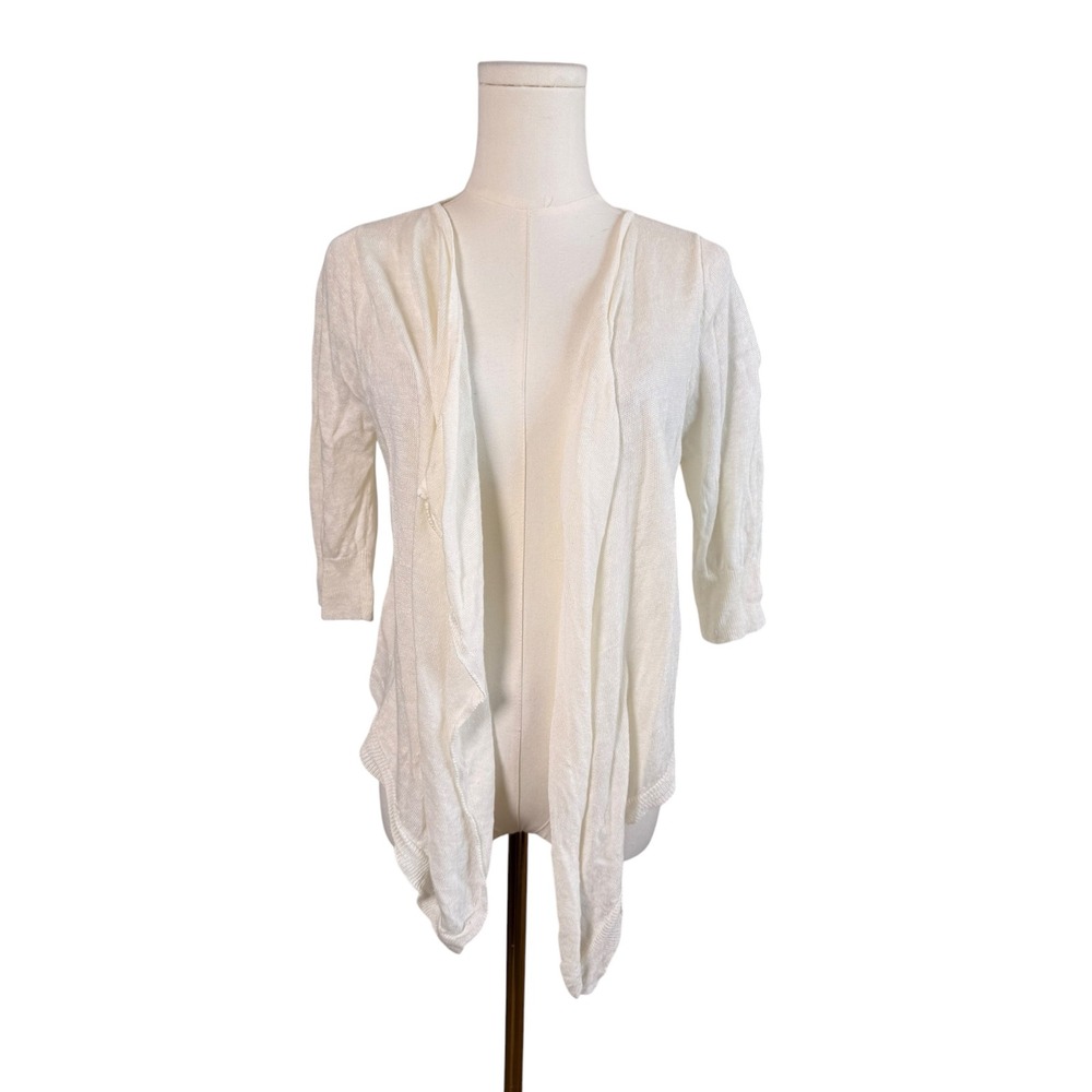 Margaret O'Leary White 100% Linen Draped Open Front Cardigan Sweater Size S